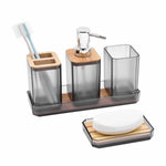 ensemble salle bain moderne porte brosse dents porte gobelet distributeur savon plateau bambou noir