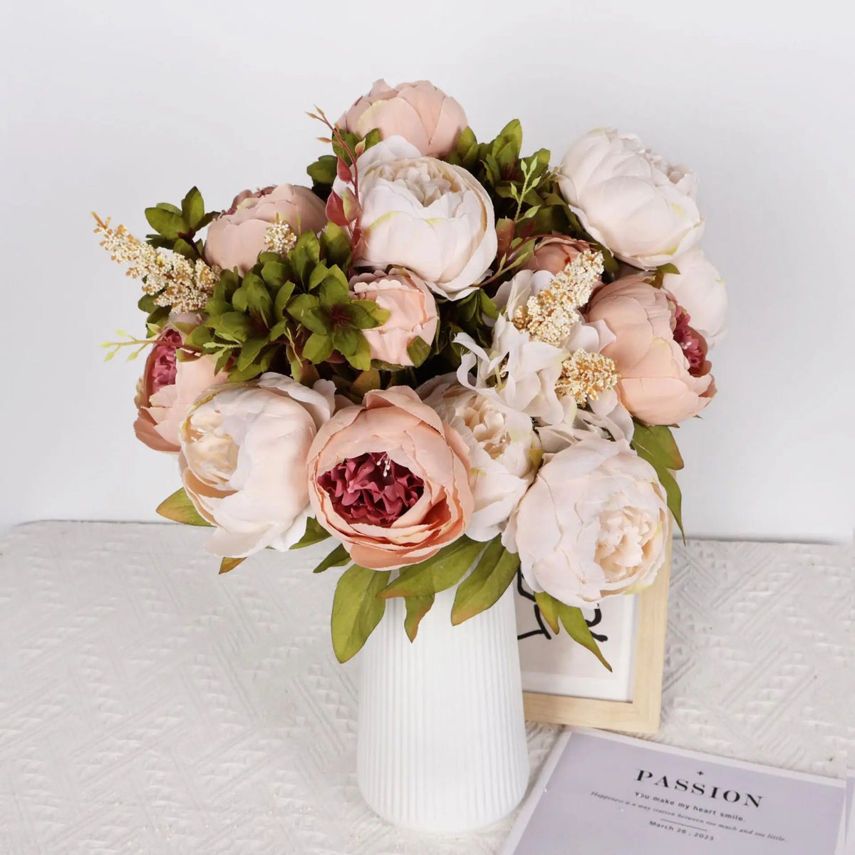 Bouquet artificiel pivoines blanc rose vert romantique intérieur décoration maison 13 branches fleurs
