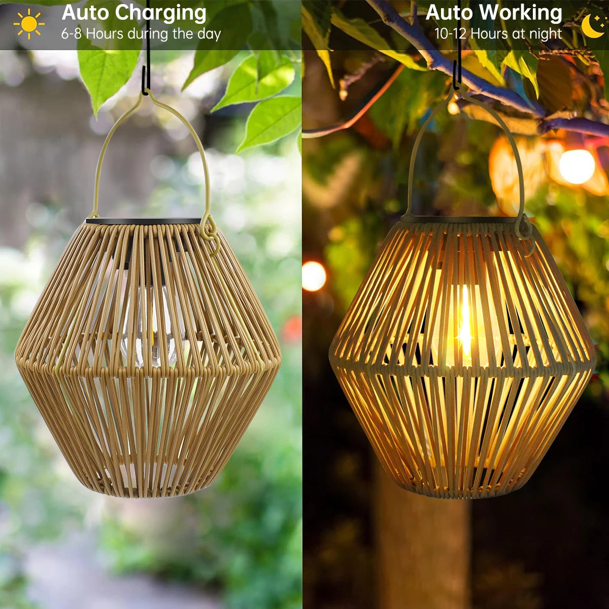 lanterne solaire bohème bambou suspension jardin led décoration patio rustique