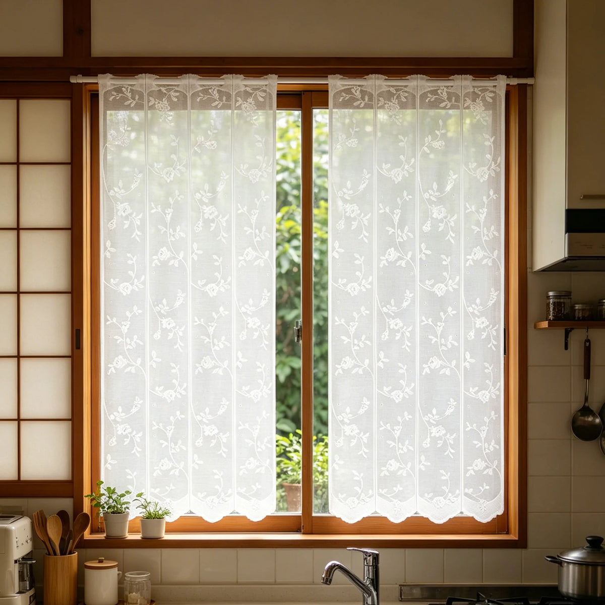 rideau floral japonais dentelle polyester translucide cadre bois chambre cuisine