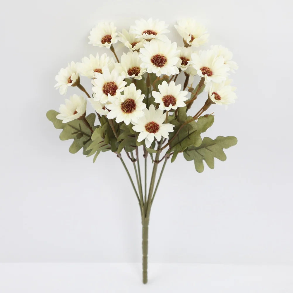 bouquet fleurs artificielles camomille marguerites soie plastique feuilles vertes naturel decoration maison mariage