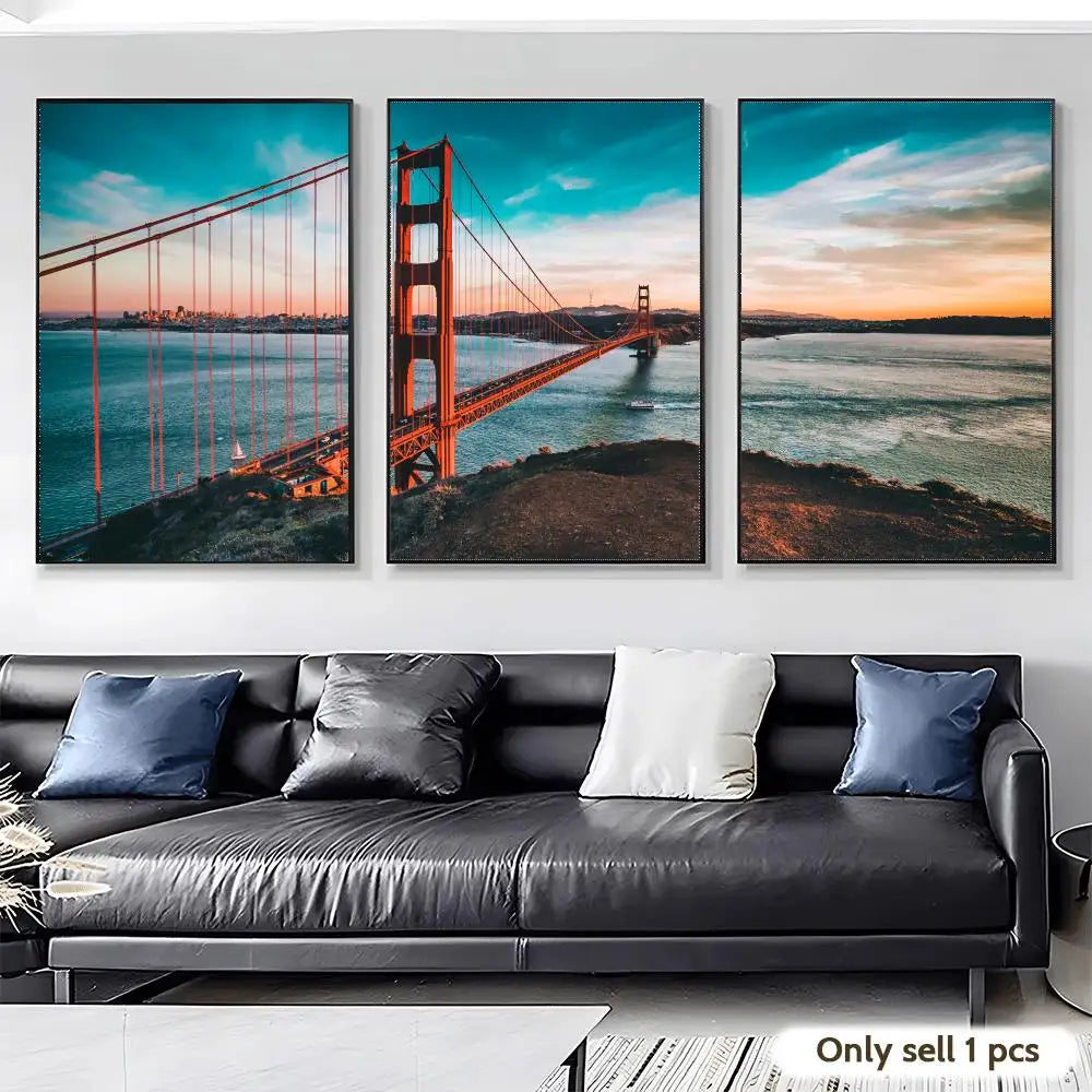 affiche toile pont golden gate coucher soleil bleu orange moderne paysagerintérieur decoration