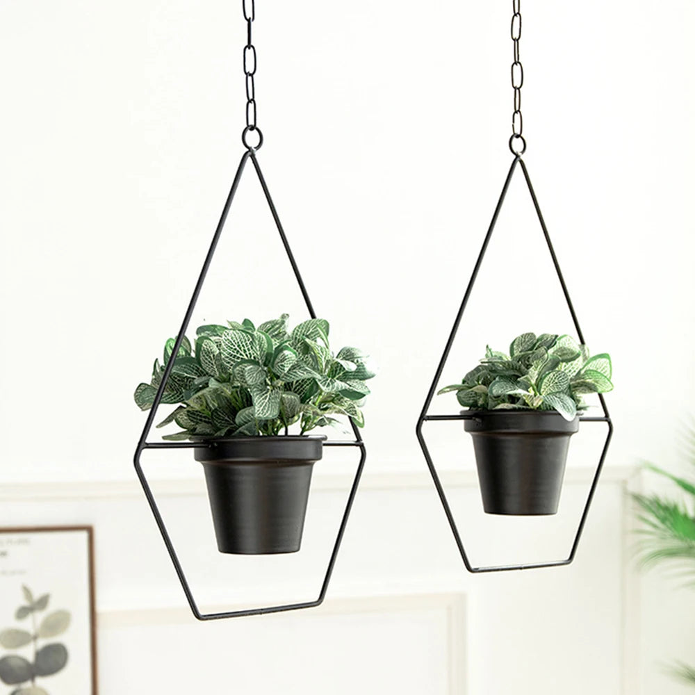pots suspendus métal noir modernes géométriques hexagonnels chaîne métallique balcon jardin decoration
