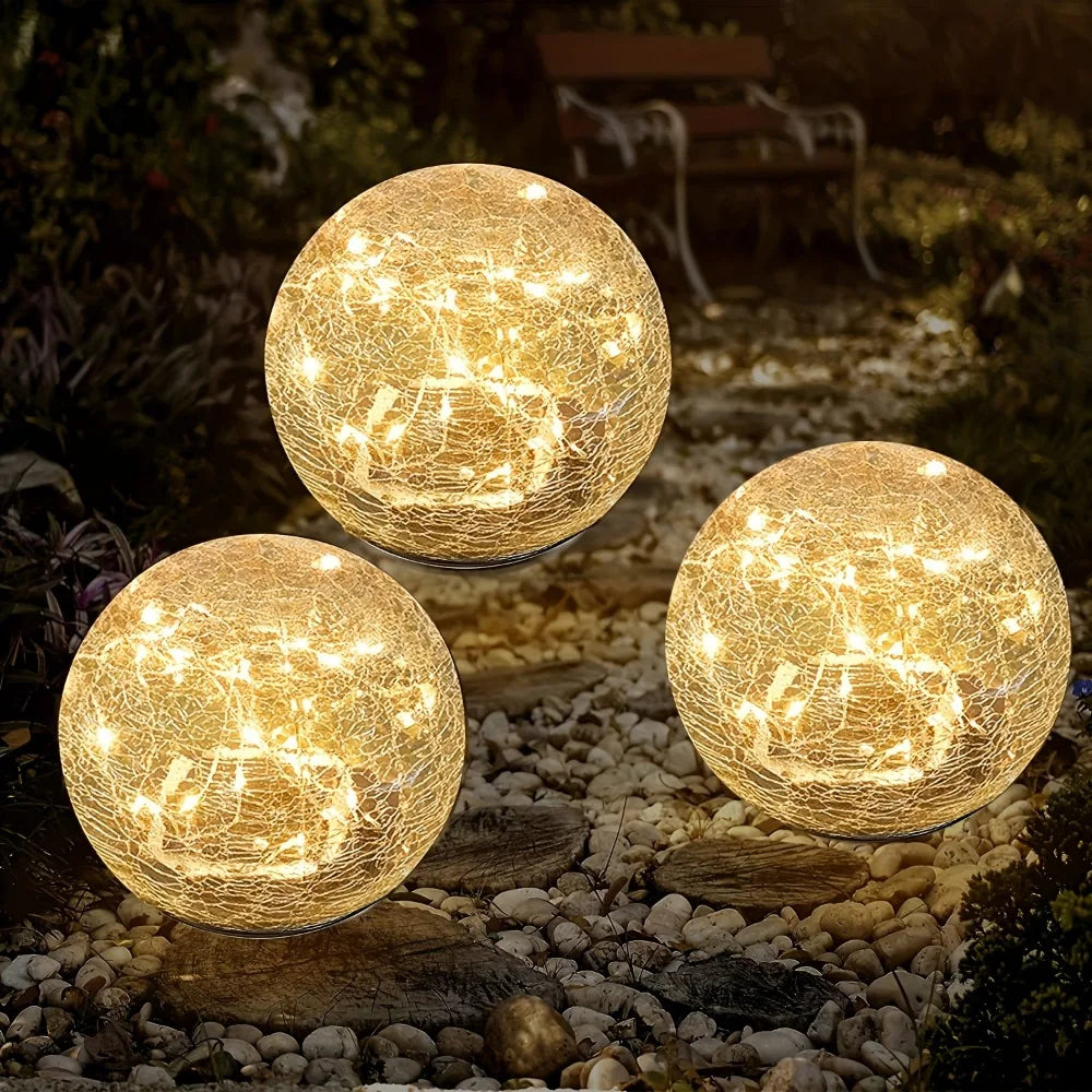 boule lumineuse solaire verre craquelé transparente jaune doré moderne extérieure 20 led ip65