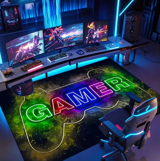 tapis gamer graphique moderne noir multicolore manettes jeu salon chambre