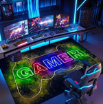 tapis gamer graphique moderne noir multicolore manettes jeu salon chambre