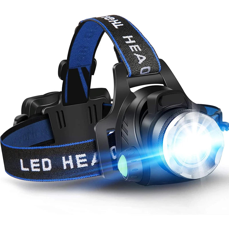 lampe frontale led rechargeable usb noir bleu rayures réglable haute luminosité emergency