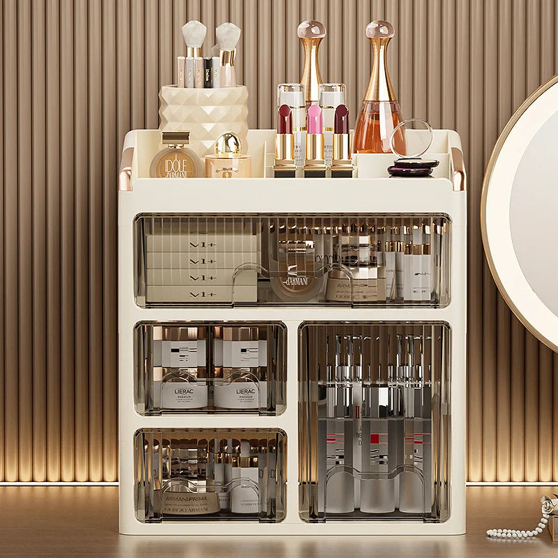 boîtes rangement cosmétiques moderne pliables beige clair poignées dorées étiquettes produits