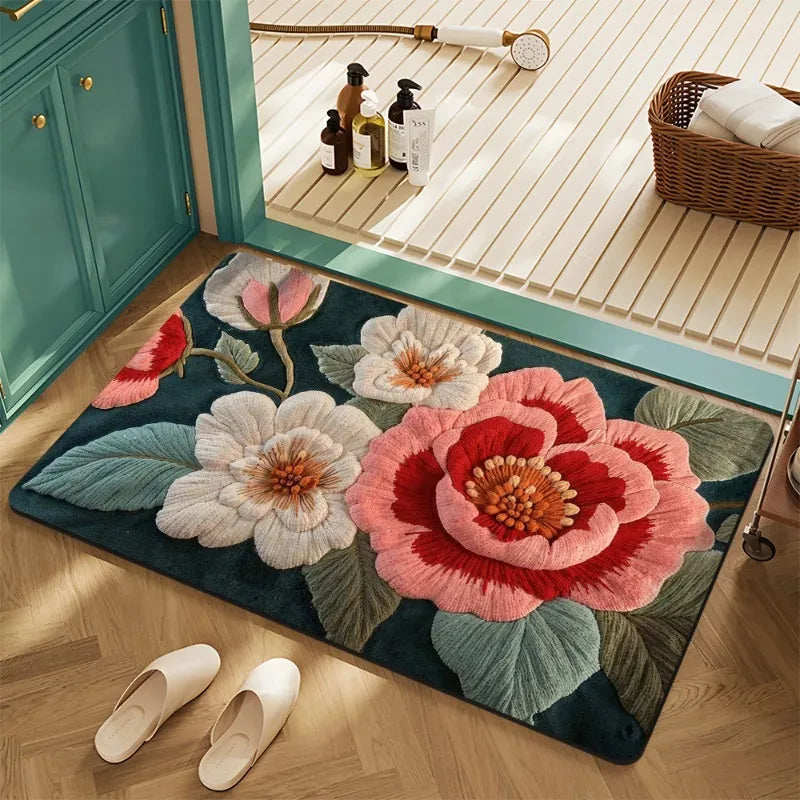 tapis moderne floral relief vert foncé rose blanc entrée bain lettres cœur feuilles