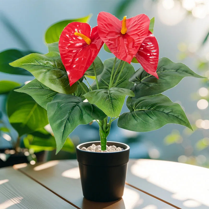 plante artificielle anthurium rouge vert moderne bouquet intérieur décoration feuilles fleurs texturées élégante nature