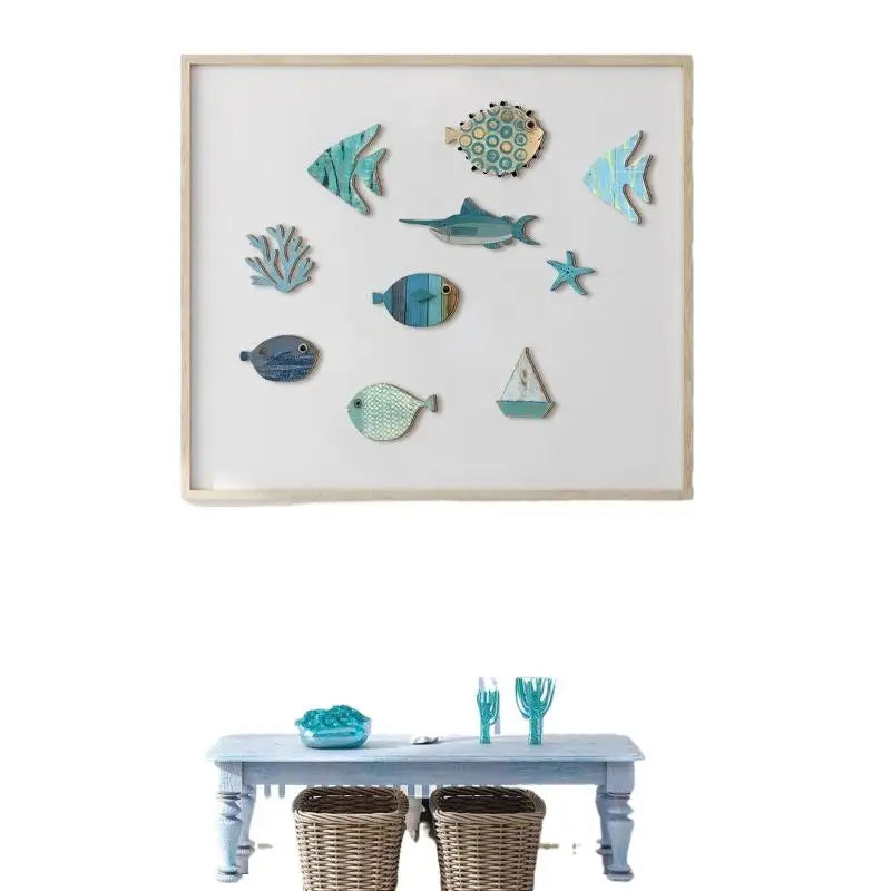 décorations murales poissons coraux bateau texture bois bleu vert beige adhésif salle bain maison