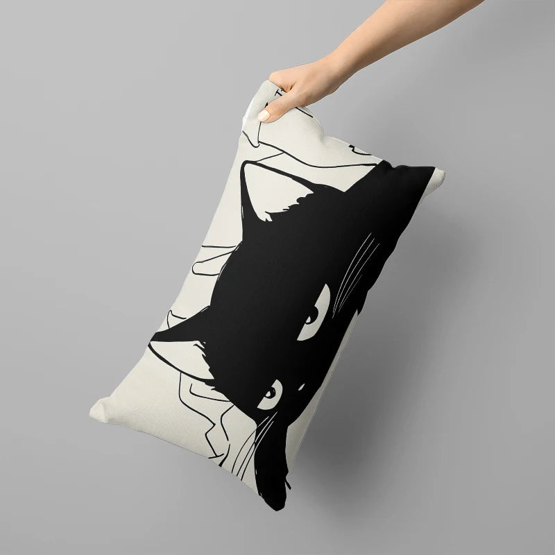 taie d'oreiller décorative blanche motif chat noir moderne lit salon maison coton polyester