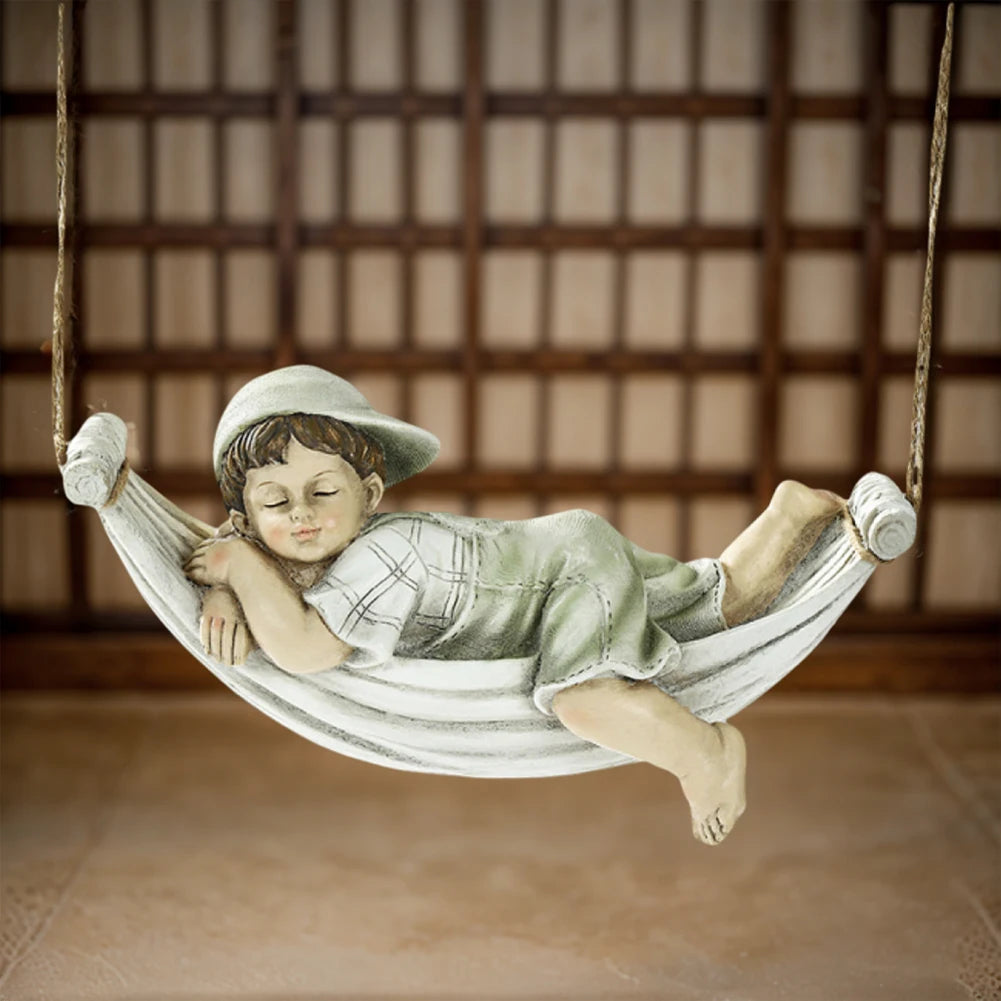 statue jardin résine enfant dormant hamac fille garçon beige blanc verte marron