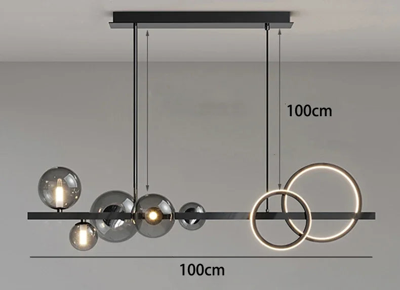 suspension lumineuse moderne noir doré verre transparent anneaux lumineux globes contemporains