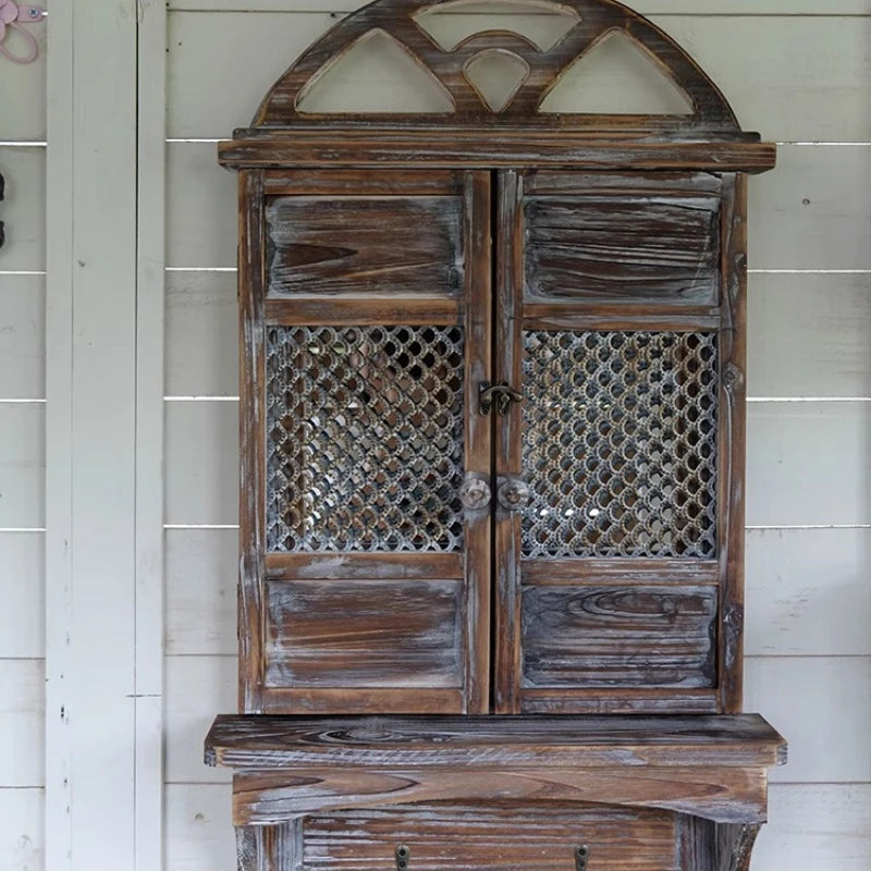 Décoration murale vintage fenêtre en bois vieilli chocolat