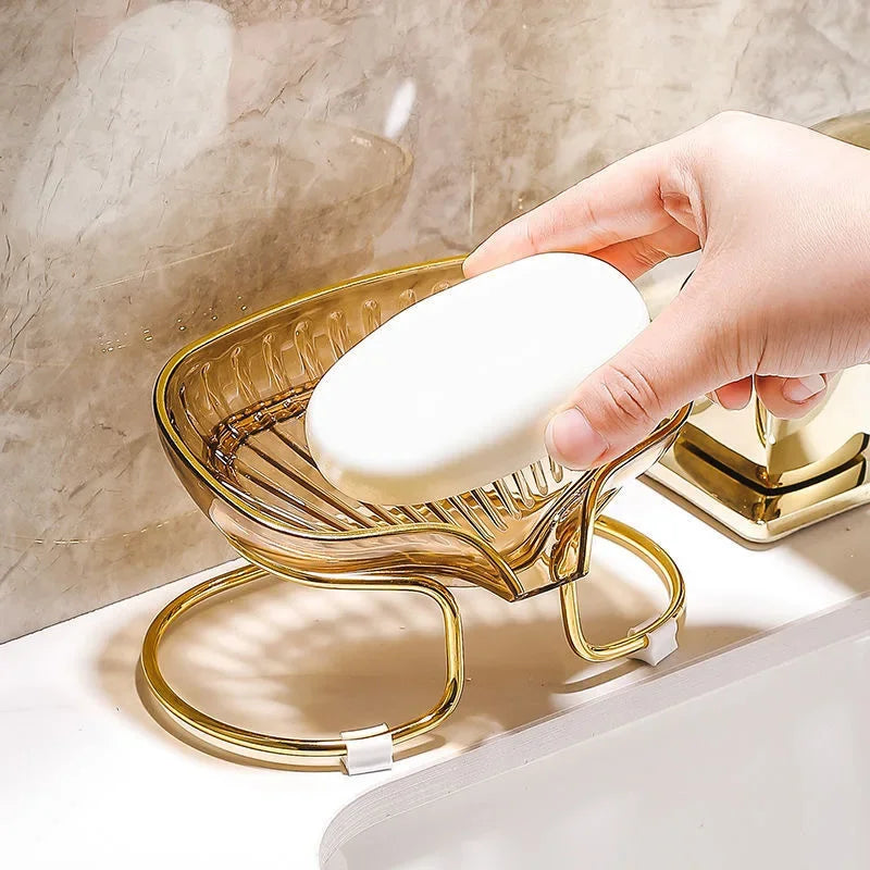 support savon moderne élégant vert doré rayures verticales clips salle bains organisateur éponge