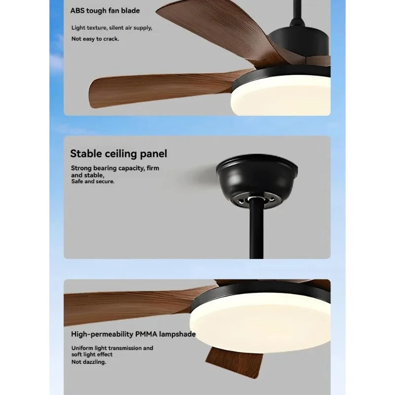 ventilateur moderne noir bois lampe led télécommande flux lumineux haute performance