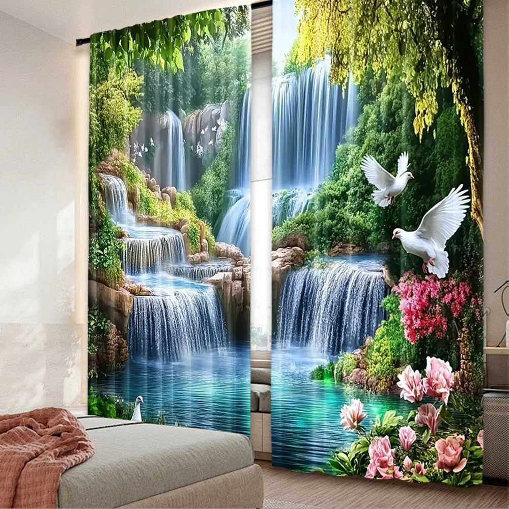 rideau naturel cascade végétation oiseaux blancs roses fleurs verte bleue marron pastoral 105x230cm