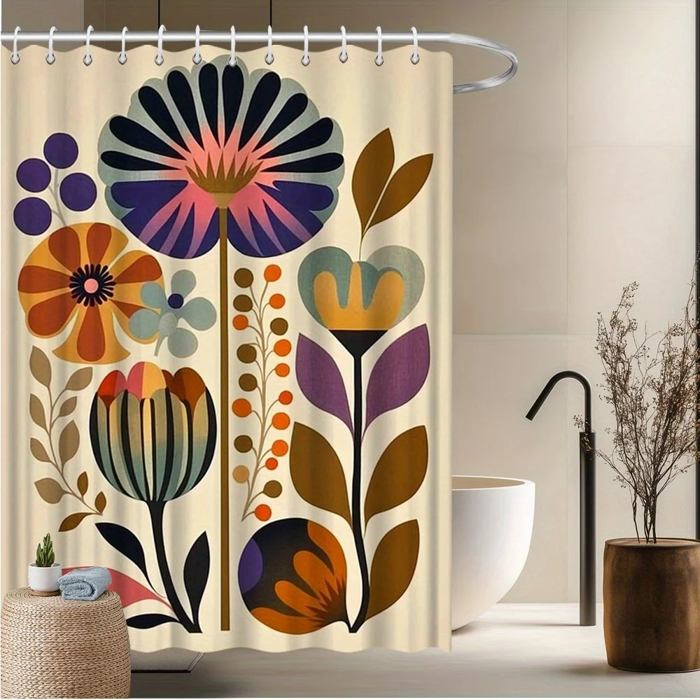 rideau douche floral vintage motifs abstraits couleurs vives polyester moderne 180x180cm anneaux métalliques