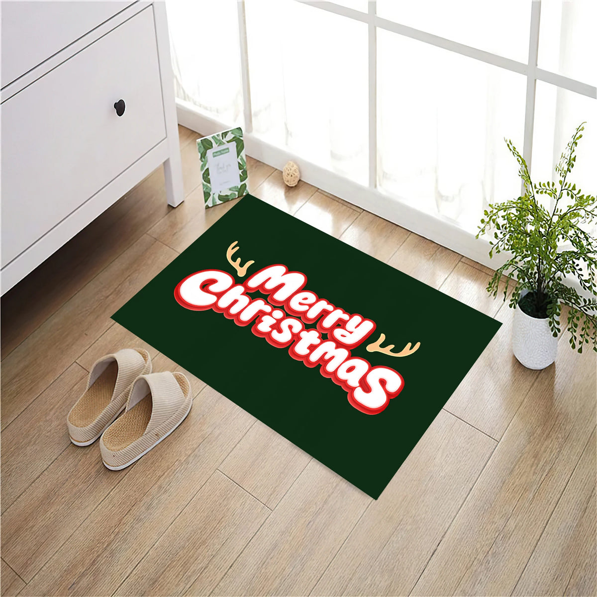 tapis sol antidérapant merry christmas vert lettres blanches rouges extérieur intérieur festive