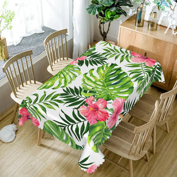 nappe rectangulaire blanche motifs feuilles tropicales fleurs roses décor table manger été exotique