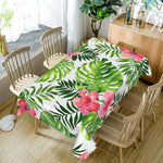 nappe rectangulaire blanche motifs feuilles tropicales fleurs roses décor table manger été exotique