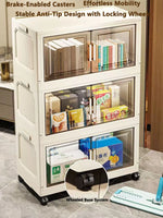 meuble rangement modulable blanc roulettes portes transparentes rayures verticales modernes