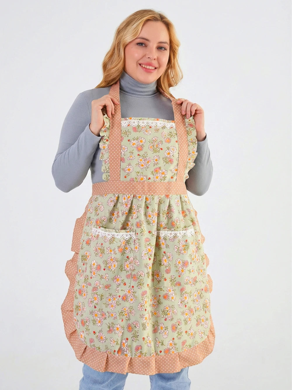 tablier cuisine toile fleurs petite pois gris rose vintage ajustable femmes