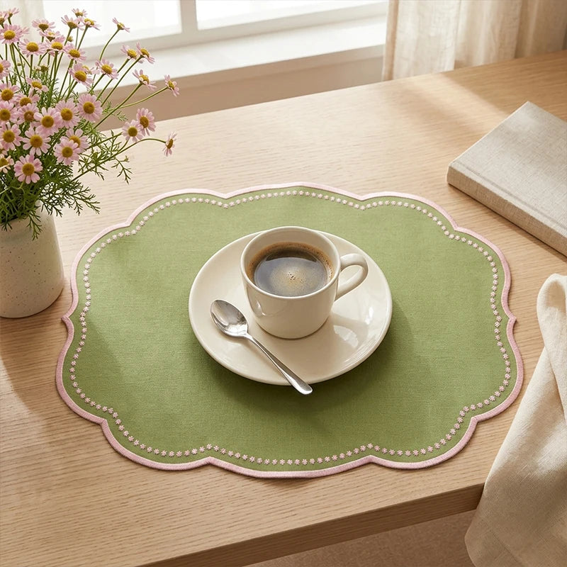 sets table vert olive rose brodé dimensions 42x30cm champêtre assiettes tasses couverts