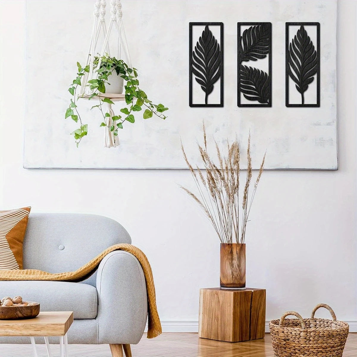 plaque murale bois feuilles stylisées marron noir vintage boho chic crochets gravure
