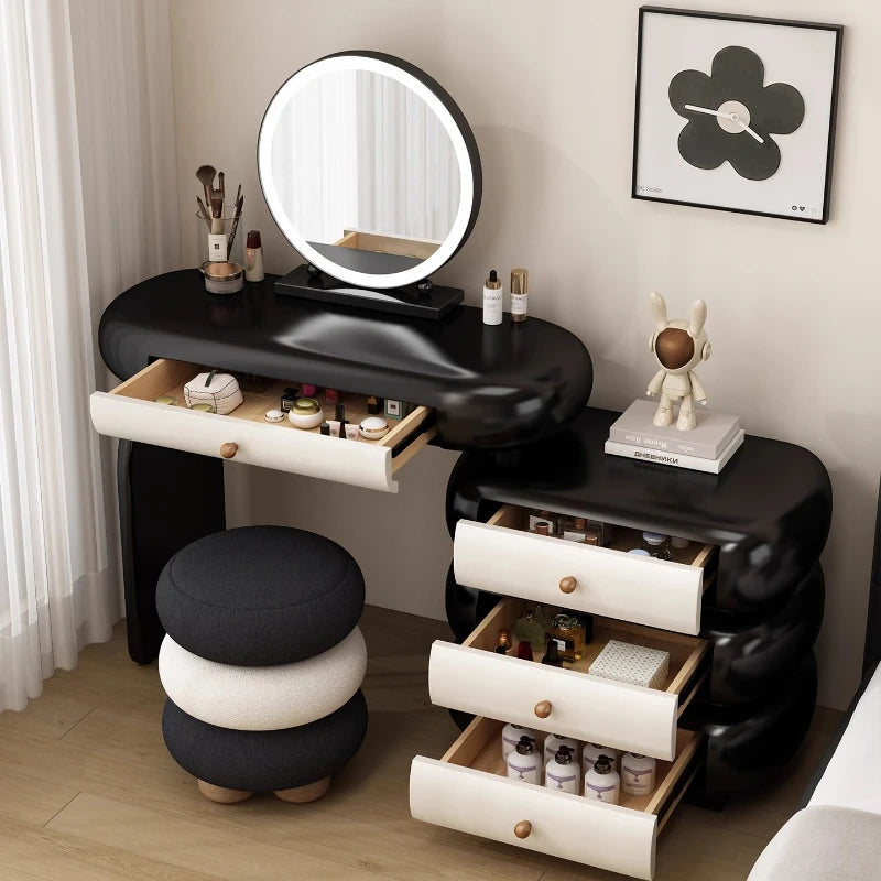 maquillage moderne commode tiroirs tabouret miroir noir blanc texture cuir