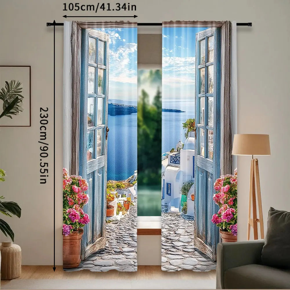 rideaux décoratifs grecs bleu ciel mer maison blanche nuages semi translucides pastorales 100 polyester