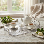 plateau service transparent moderne poignées thé nourriture assiettes vaisselle gâteaux sandwiches macarons théière tasses