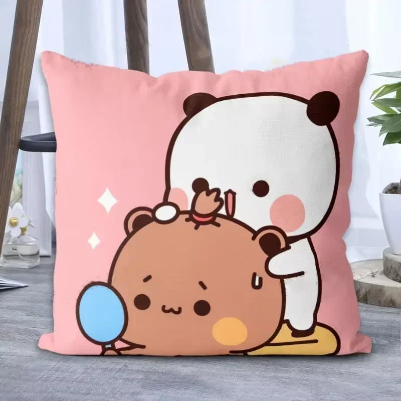 coussin carré mignon personnages ours lapin imprimé beige rose blanc doux cartoon