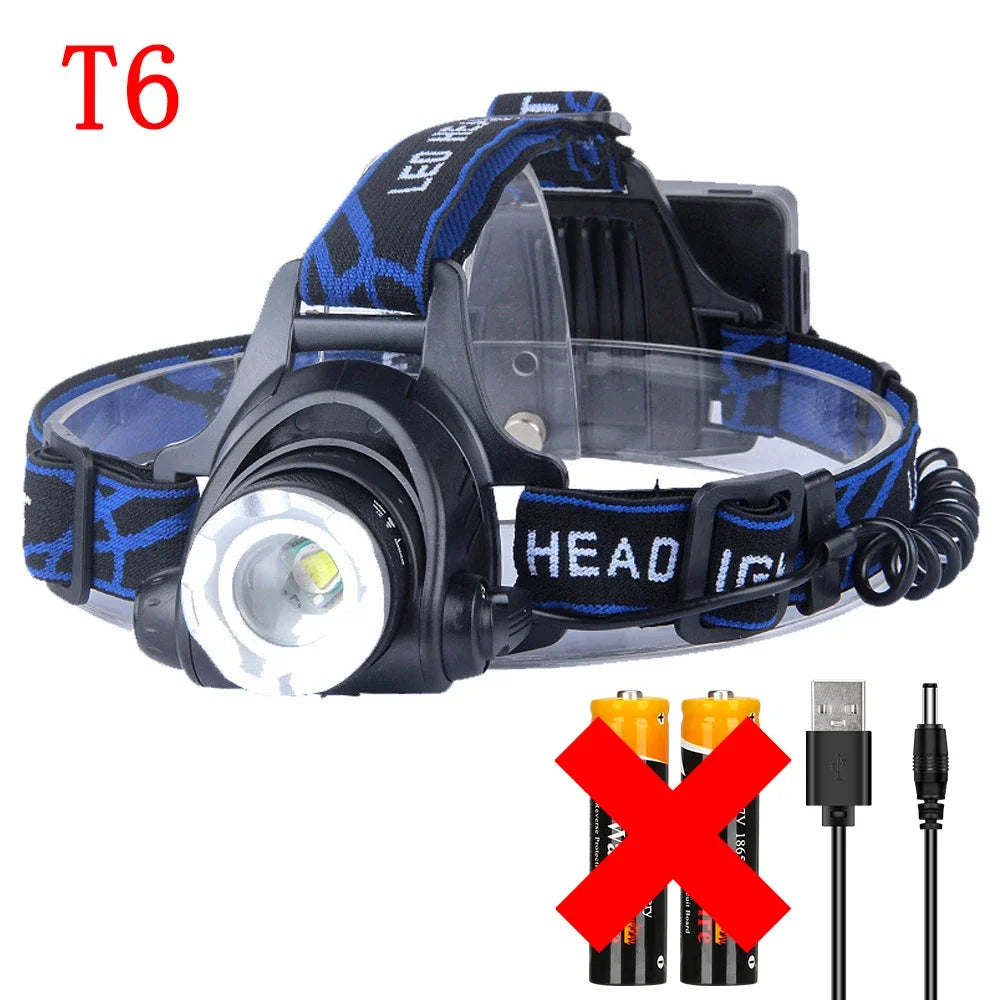 lampe frontale led rechargeable usb noir bleu rayures ajustable ceinture modes luminosité ipx4 water