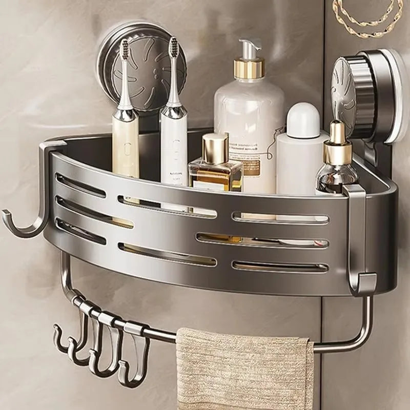 étagère salle bain moderne gris perforée succion porte savon crochets serviette