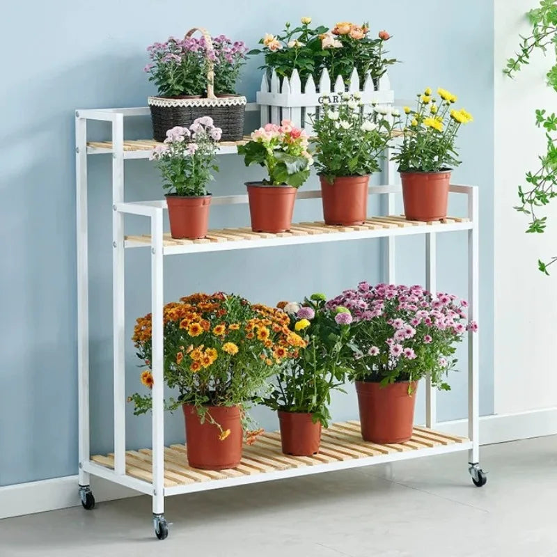 étagère plantes bois métal roulettes meuble jardin intérieur blanc moderne