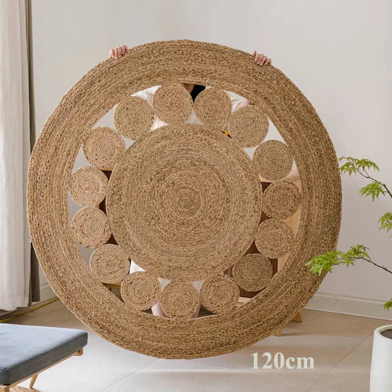 tapis rond naturel tissage motifs circulaires texture tissée moderne salon chambreOpaque beigeclair artisanal