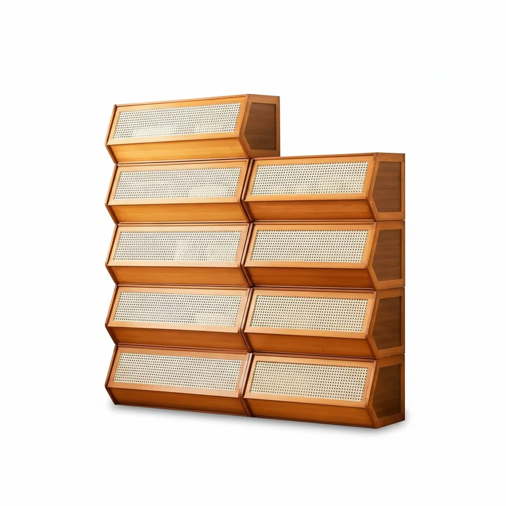 meuble rangement bois clair moderne minimaliste compartments opaques élégant storage efficace durable matériaux qualité