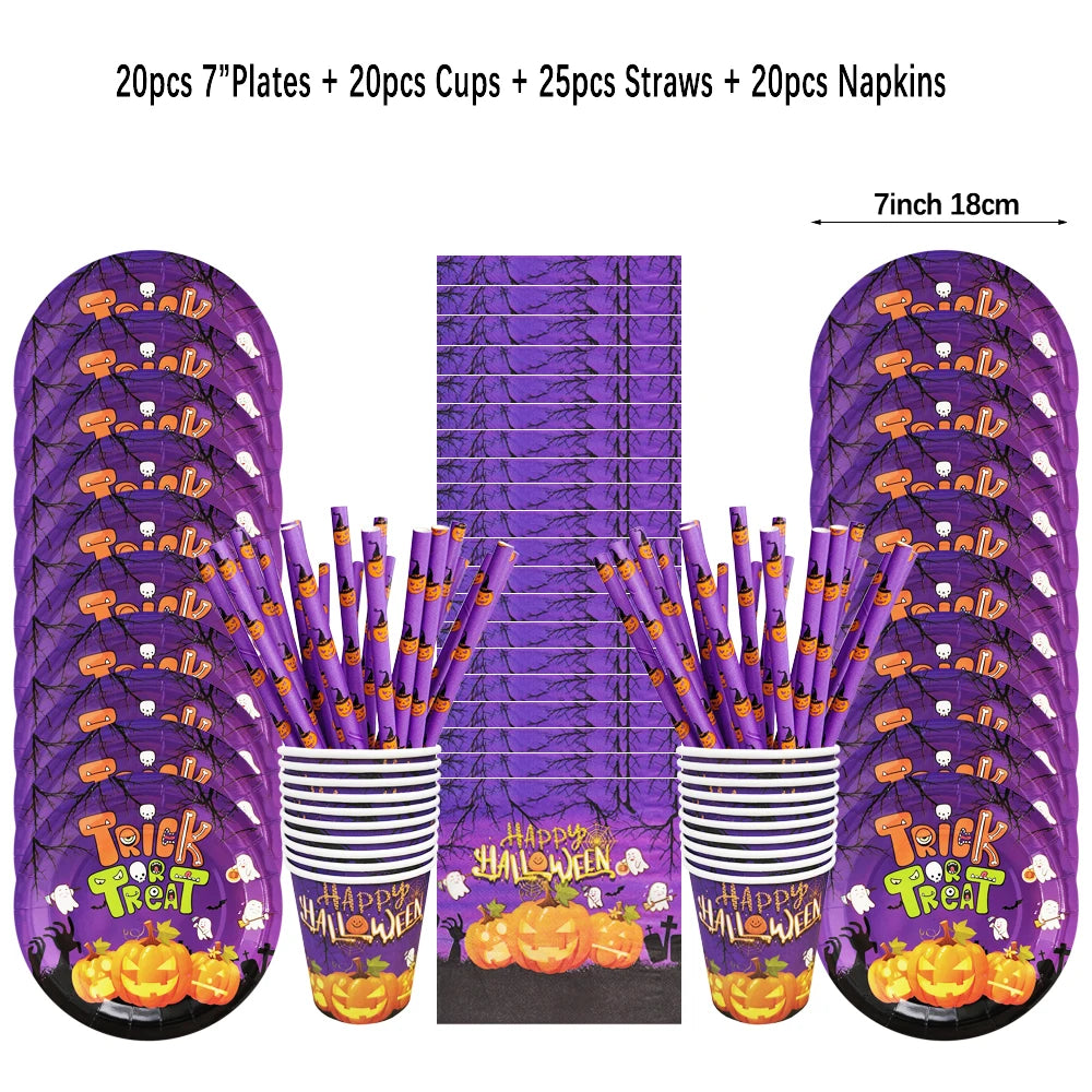 vaisselle jetable halloween assiettes gobelets pailles serviettes nappe citrouilles fantômes araignées violet orange