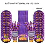 vaisselle jetable halloween assiettes gobelets pailles serviettes nappe citrouilles fantômes araignées violet orange
