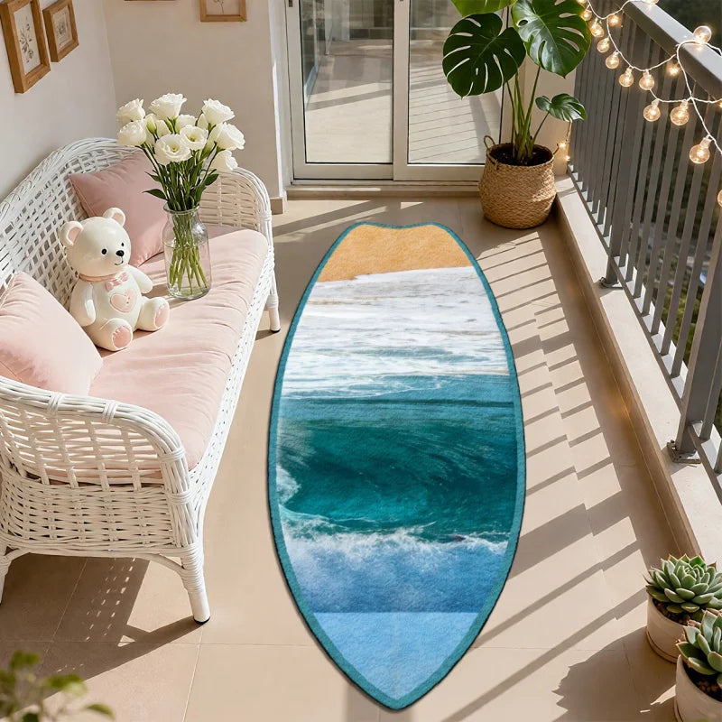 tapis forme planche surf plage vague sable couleur beige bleu blanc turquoise decoration intérieure