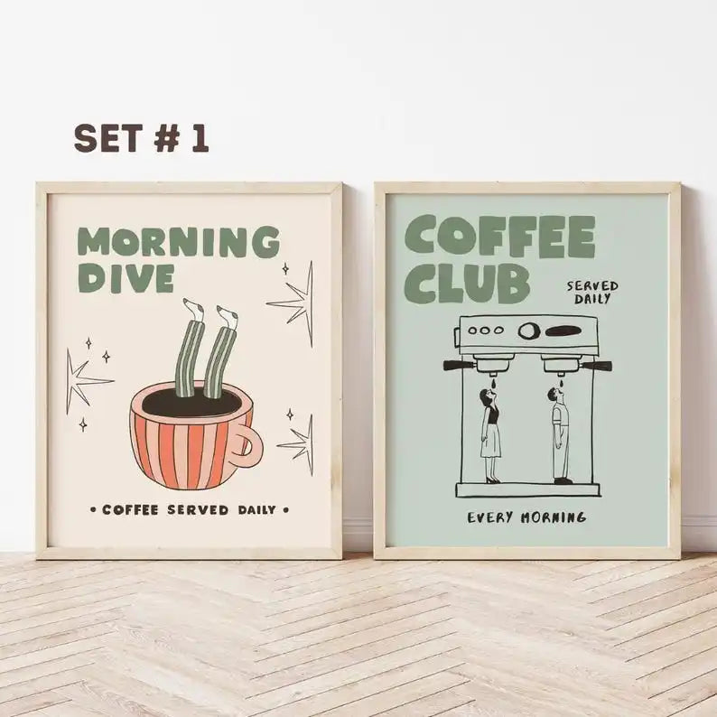 affiches modernes illustration Morning Dive Coffee Club minimaliste beige clair vert pastel orange noir