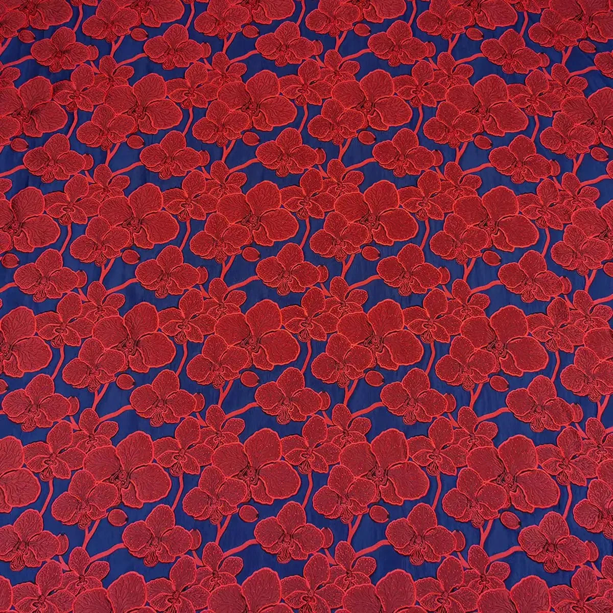 tissu brodé fleurs rouge bleu vert polyester largeur 155cm respectueux environnement opacité