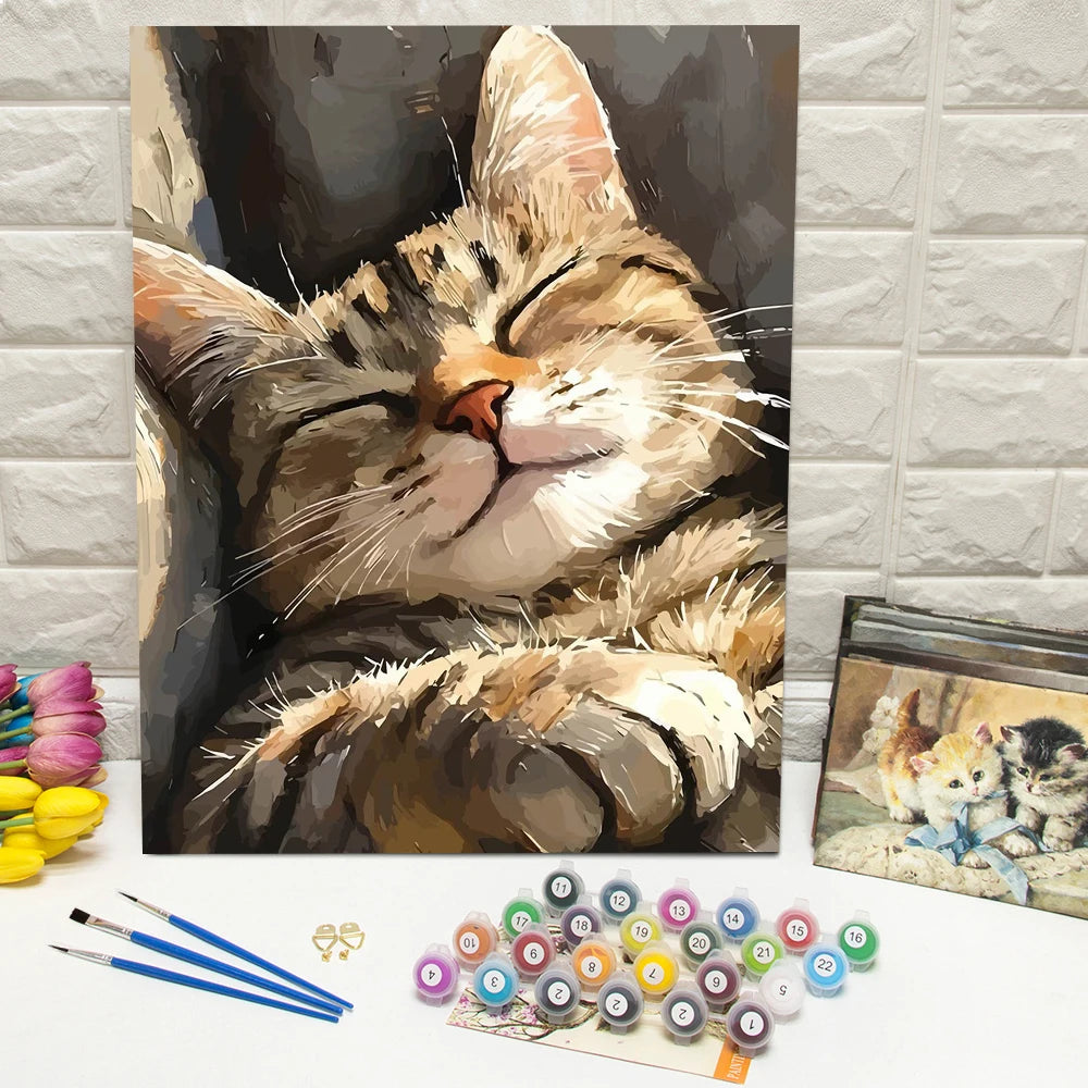 toile peinture huile chat endormi kit débutant pinceaux peintures vis crochets decoration maison adultes
