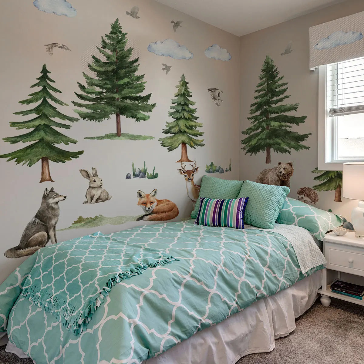 sticker mural forêt animaux aquarelle enfants chambre décoration écologique résistant eau