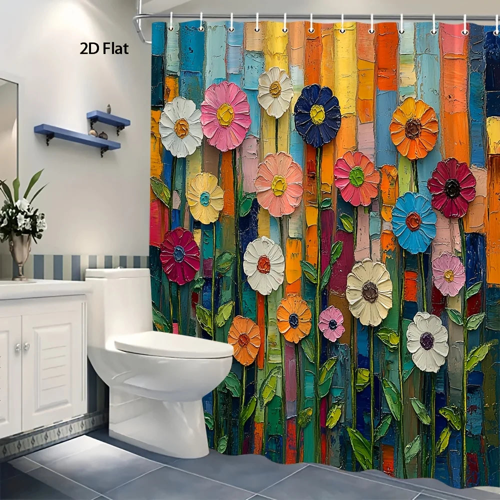 rideau douche moderne floral multicolore métalliques texturé fleurs stylisées 180x180cm opaque