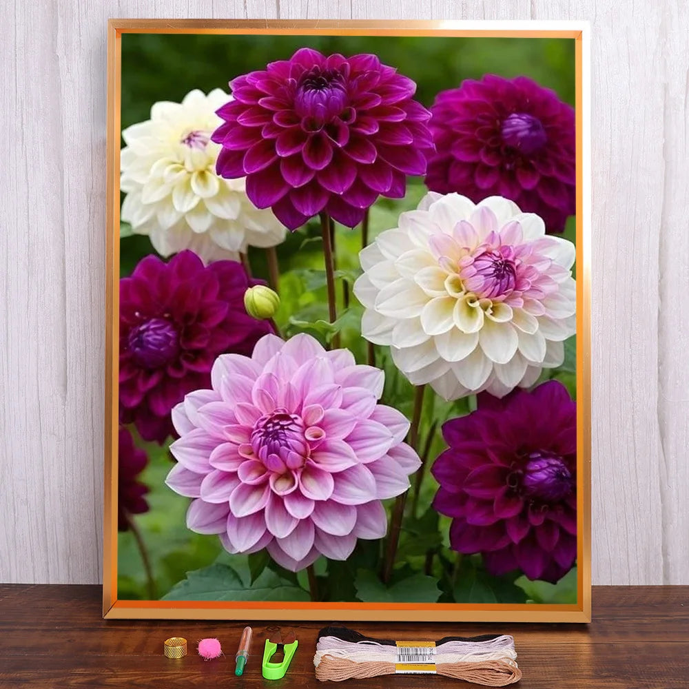 toile broderie fleurs violettes blanches roses art floral coton 11ct 14ct aiguille ruban ciseaux