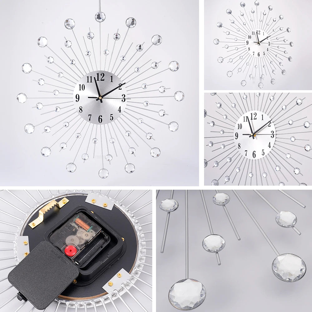 horloge murale moderne brillantes radiaire argenté aiguille métal
