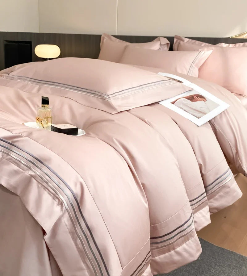 draps lit coton rose pâle rayures horizontales gris modernes 150cm 180cm 200cm